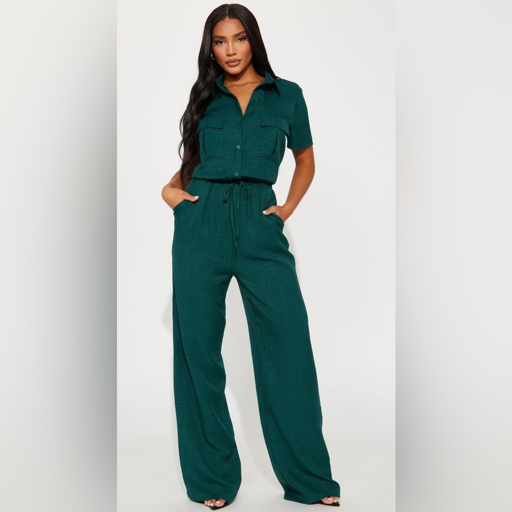 Fashion Nova Dark Teal Short Sleeve Utility Jumpsuit